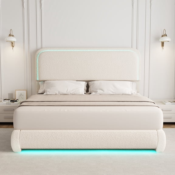 SIBEDS Queen LED Bed Frame, Teddy Fleece Upholstered Platform Bedframe, No Box Spring Needed, Cream
