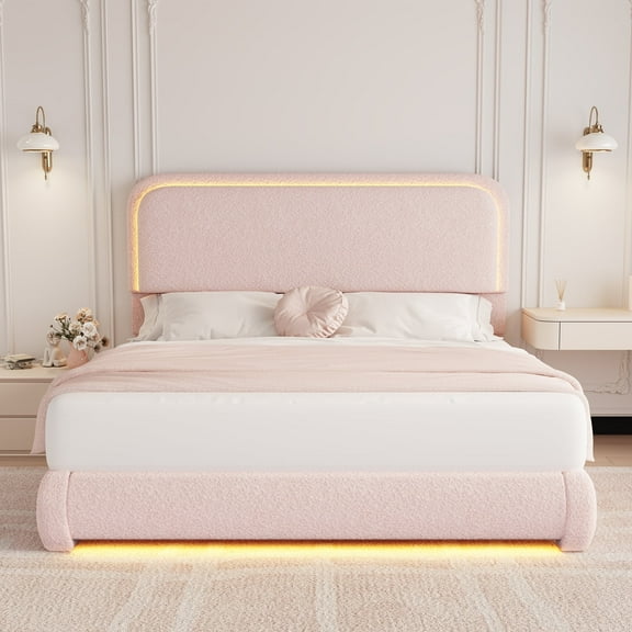 SIBEDS Queen LED Bed Frame, Teddy Fleece Upholstered Platform Bedframe, No Box Spring Needed, Pink