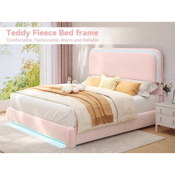SIBEDS Queen LED Bed Frame, Teddy Fleece Upholstered Platform Bedframe, No Box Spring Needed, Pink
