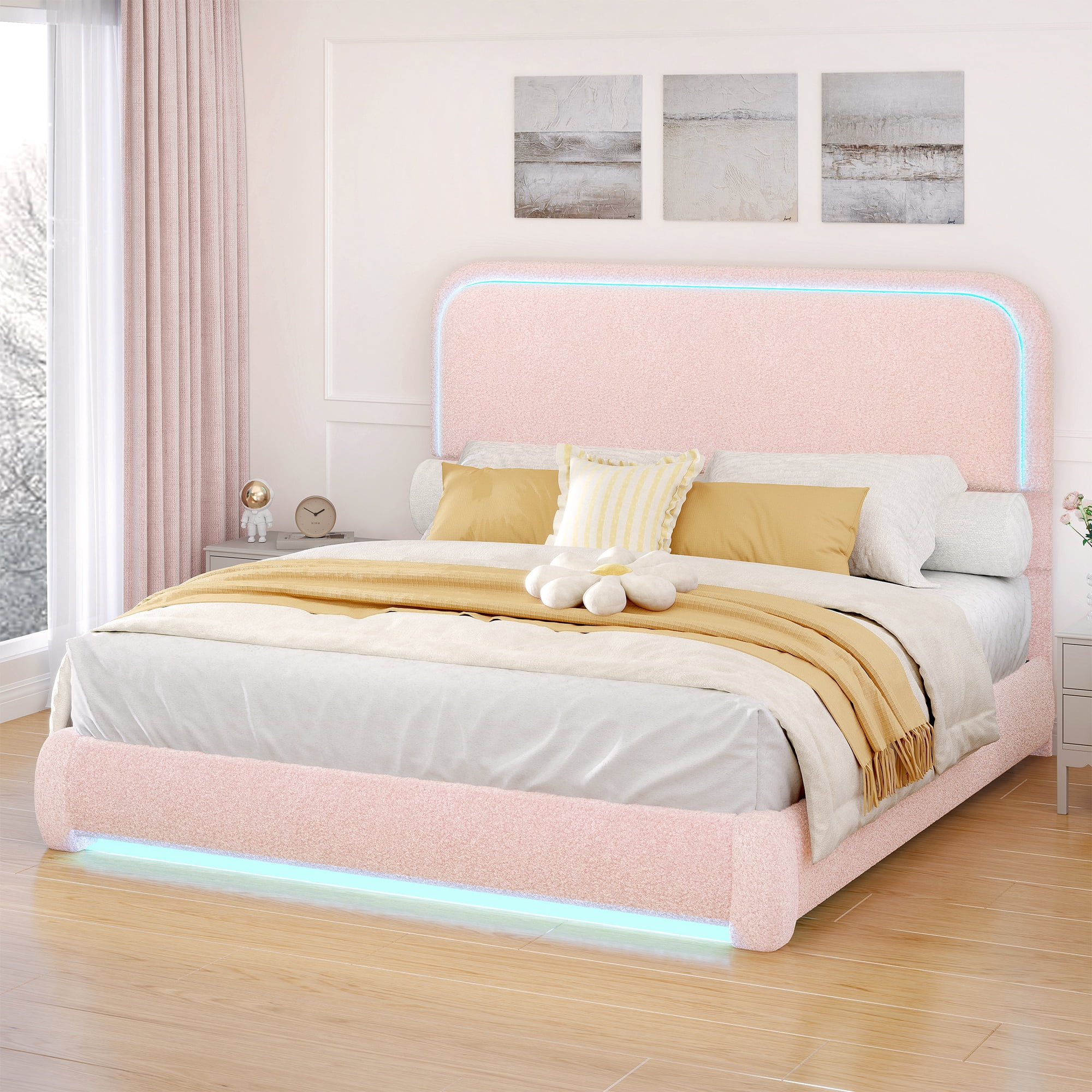 SIBEDS Queen LED Bed Frame, Teddy Fleece Upholstered Platform Bedframe, No Box Spring Needed, Pink