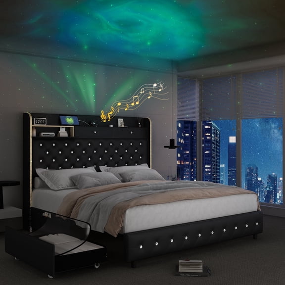 SIBEDS Queen LED Bed Frame with Galaxy Projector, Charging Station, 52-inch Headboard & 2 Drawers, Black PU