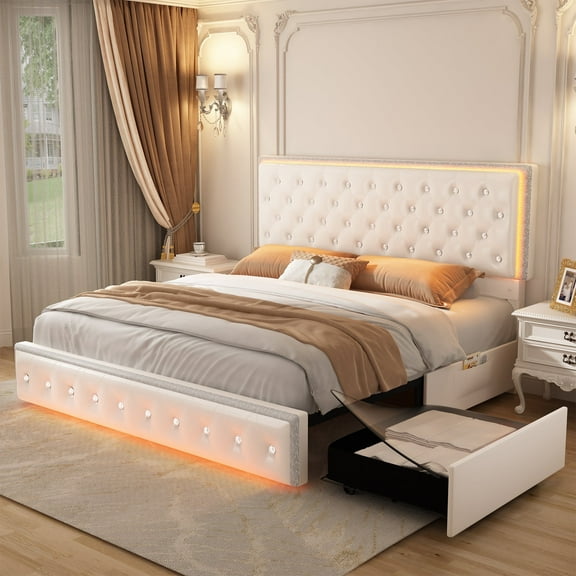 SIBEDS LED Bed Frame with 2 Storage Drawers Pockets and PU Leather White Tufted Headboard, Queen