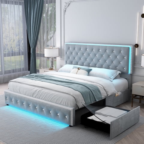 SIBEDS Queen LED Bed Frame with 2 Storage Drawers, Velvet Diamond Tufted Headboard, RGB Lights, Noise Free, Grey