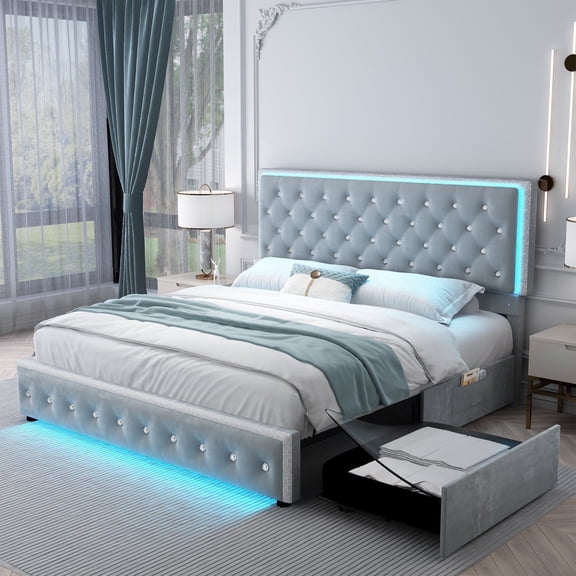 SIBEDS Queen Bed Frame with Storage Drawers & LED Lights, Velvet Upholstered Platform Bed, Crystal Tufted Headboard with RGB Lighting, No Box Spring Required, Gray