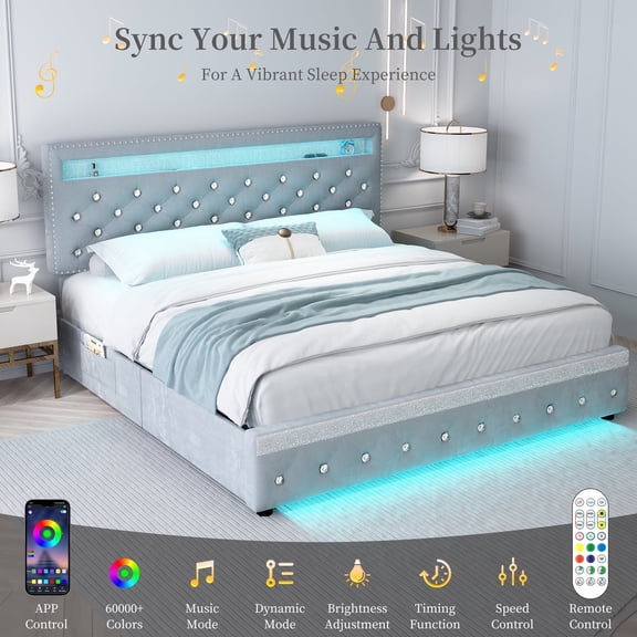 SIBEDS King Velvet LED Bed Frame with Adjustable Headboard, 2 Drawers, Smart RGB Lights with Music Sync, Grey