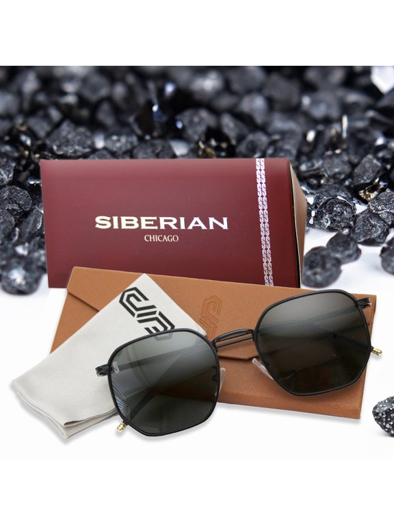 SIBERIAN 100% Real Glass Hexagonal Metal Sunglasses Standard 52mm Unisex UV400 Protection Non-Polarized Premium Package (BLACK lenses/BLACK frame)