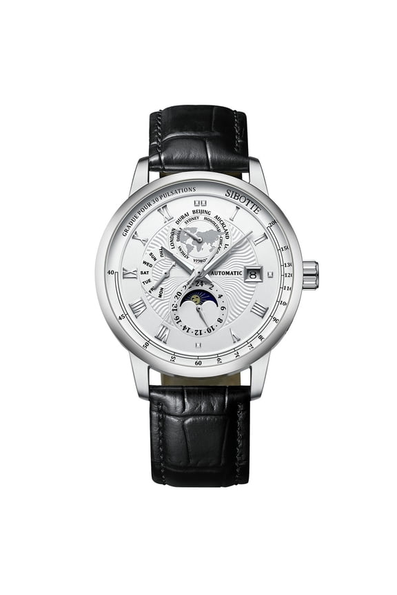 Men Calendar Moon Phase Vintage Analog Automatic Mechanical Self-Wind Stylish Wrist Watch Leather Band Sapphire Crystal Waterproof Luminous Multifunctional Business Clock