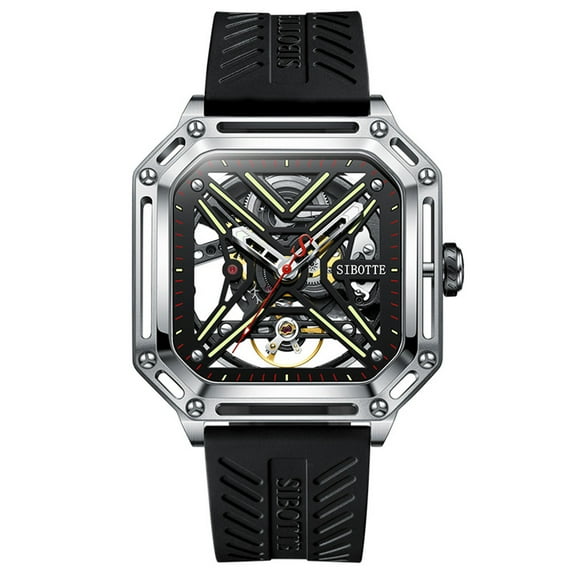 SIBOTTE Men Skeleton Japanese Automatic Self-Winding Mechanical Movement JH3105 Luminous Stainless Steel Leather Vintage Wrist Watch Sapphire Crystal Waterproof Business Dial Clock