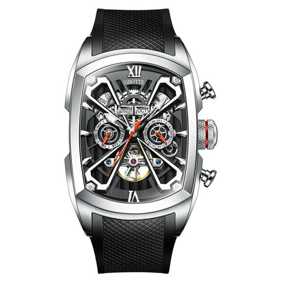 SIBOTTE Skeleton Japanese Automatic Self-Winding Movement ST2503 Vintage Men Mechanical Business Multifunctional Wrist Watch Steel Rubber Sapphire Crystal Clock Luminous