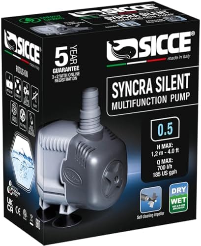 SICCE Syncra Silent 0.5 Multifunction 185 GPH Submersible Water Pump | Italian Made 8W Ultra Quiet Durable for Aquarium Fish Tank, Fountain, Pond, Hydroponics, Terrarium Black | Freshwater & Saltwater