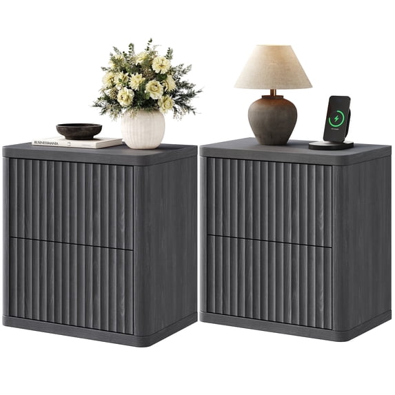 SICOTAS Fluted 2 Drawer Nightstand Set of 2, 22.75" W Small Modern Bedside Table with Large Handless Drawers, Curved Edge Design, Wooden End Table for Bedroom, Living Room, Black Alder
