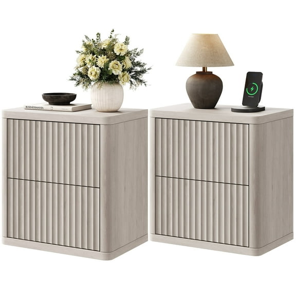 SICOTAS Fluted 2 Drawer Nightstand Set of 2, 22.75" W Small Modern Bedside Table with Large Handless Drawers, Curved Edge Design, Wooden End Table for Bedroom, Living Room, Grey