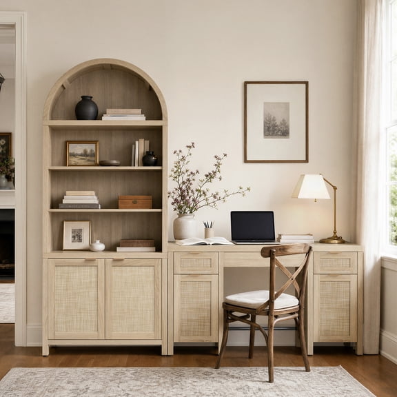 SICOTAS 2 Piece Furniture Set - 84.25" Tall Arched Cabinet & 52.1" Wide Desk with Rattan Doors, Adjustable Shelves, Hidden Handles for Study Room Home Office, Reclaimed Light Oak