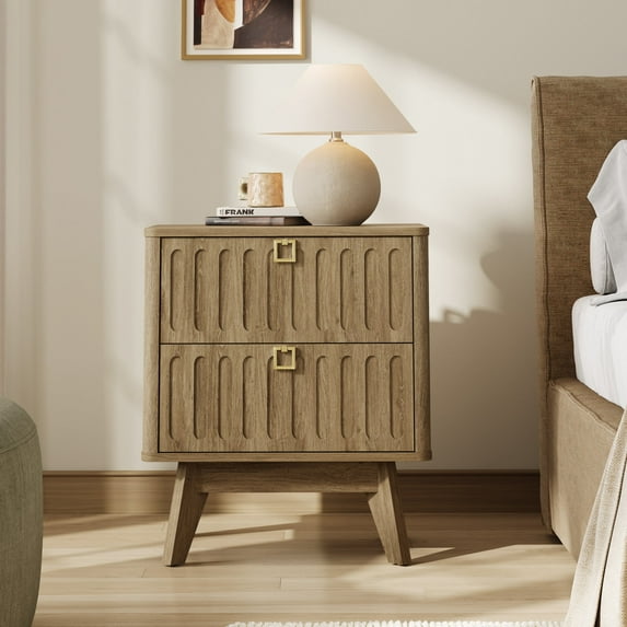 SICOTAS 21.02" Wide 2-Drawer Nightstands,Nordic Modern Bedside Table with Large Drawers & Elegant Gold Square Handle for Bedroom, Living Room, Entryway - Brown Oak