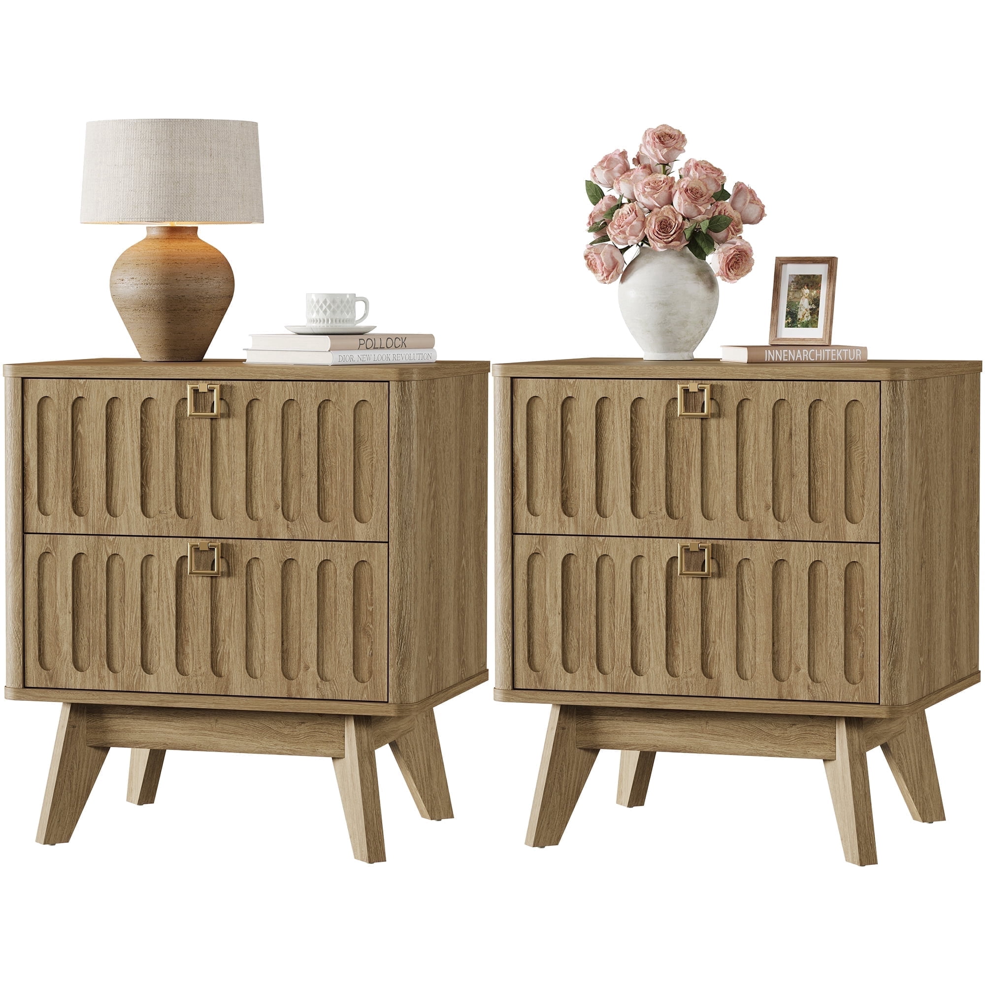 SICOTAS 21.02" Wide 2-Drawer Nightstands Set of 2,Nordic Modern Bedside Table with Large Drawers & Elegant Gold Square Handle for Bedroom, Living Room, Entryway -Brown Oak