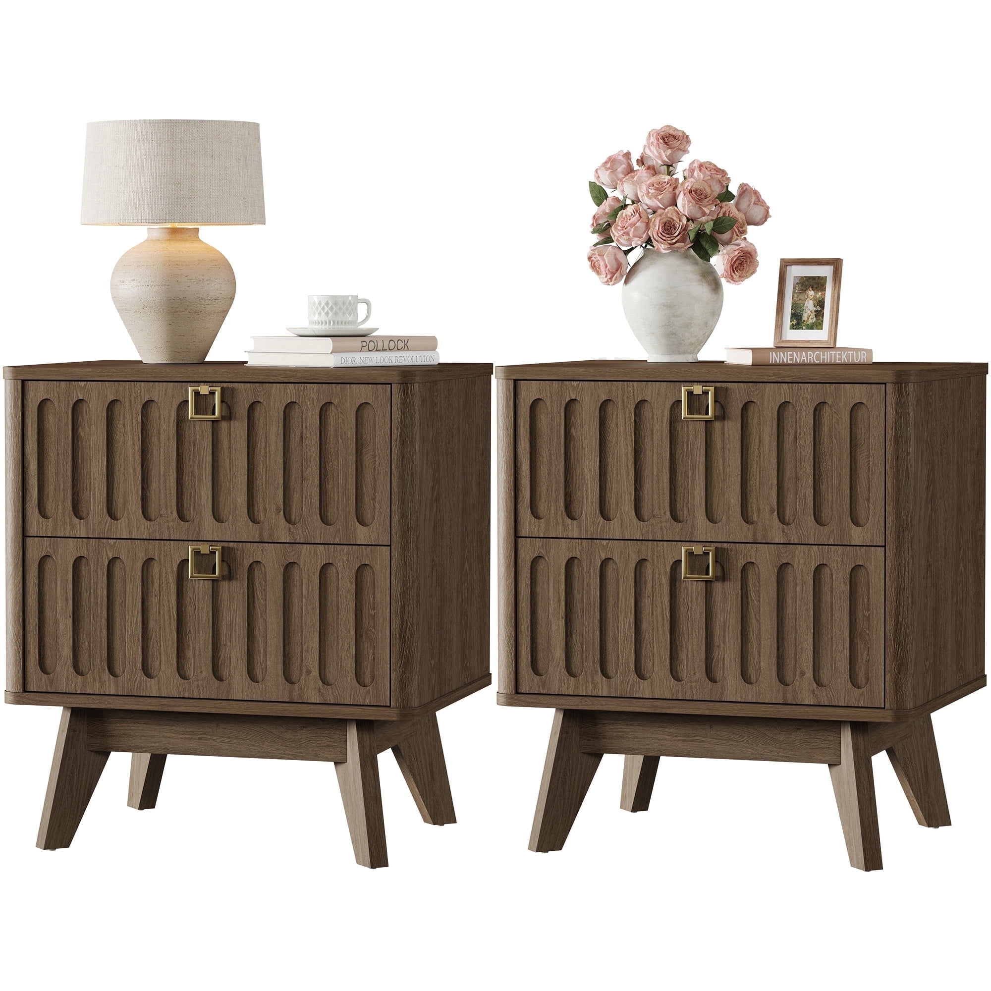 SICOTAS 21.02" Wide 2-Drawer Nightstands Set of 2,Mid-Century Modern Bedside Table with Large Drawers & Elegant Gold Square Handle for Bedroom, Living Room, Entryway - Coffee Oak