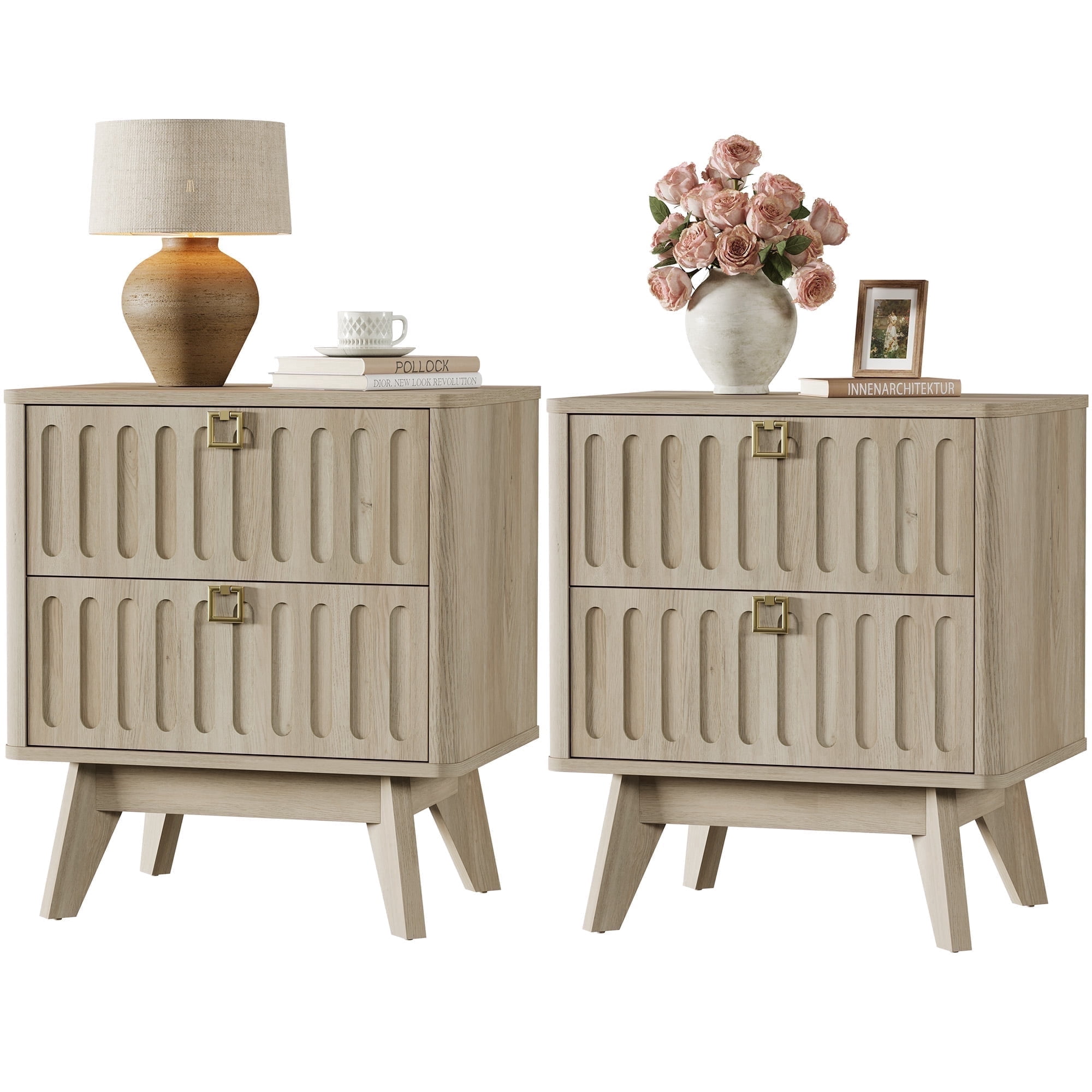 SICOTAS 21.02" Wide 2-Drawer Nightstands Set of 2,Nordic Modern Bedside Table with Large Drawers & Elegant Gold Square Handle for Bedroom, Living Room, Entryway - Light Oak