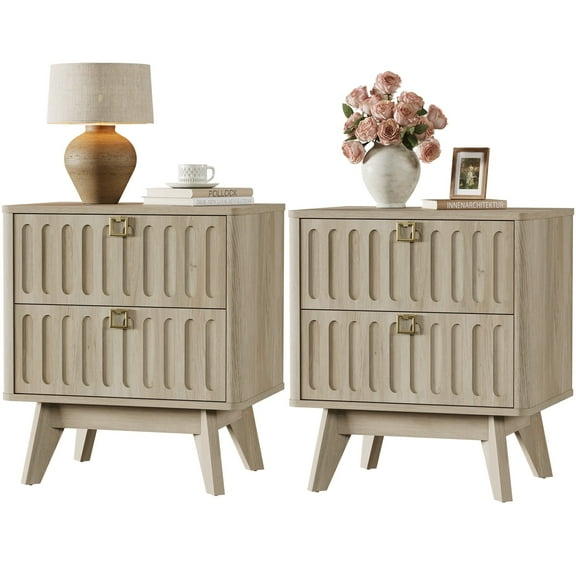 SICOTAS 21.02" Wide 2-Drawer Nightstands Set of 2,Nordic Modern Bedside Table with Large Drawers & Elegant Gold Square Handle for Bedroom, Living Room, Entryway - Light Oak