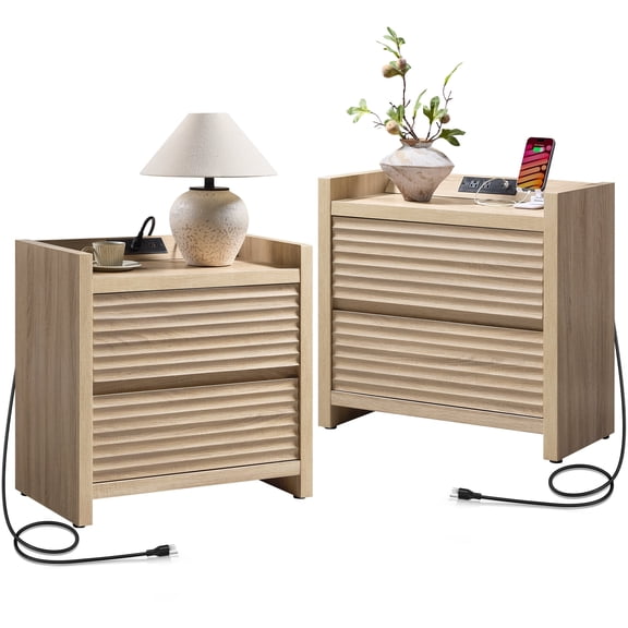 SICOTAS 25.4"W Fluted Nightstand Set of 2, 2-Drawer Bedside Table with Charging Station, Modern End Table for Bedroom, Living Room, Light Oak