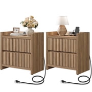 SICOTAS 25.4" Wide Nightstand Set of 2 with Charging Station, Modern Night Stand with 2 Fluted Drawer & Handle-Less Storage Farmhouse Bed Side Table for Bedroom, Natural Oak