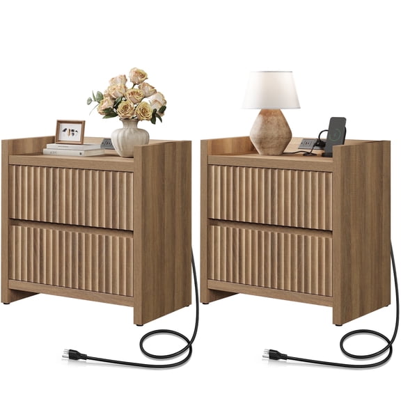 SICOTAS 25.4" Wide Nightstand Set of 2 with Charging Station, Modern Night Stand  with  2 Fluted Drawer & Handle-Less Storage Farmhouse Bed Side Table  for Bedroom, Natural Oak