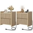 thumbnail image 1 of SICOTAS 25.4" Wide Farmhouse Nightstand Set of 2 with 2 Drawer, Modern Beside Table with Minimalist Fluted Design & Handle-Less Storage Bed Side Table with Charging Station for Bedroom, Light Oak, 1 of 13