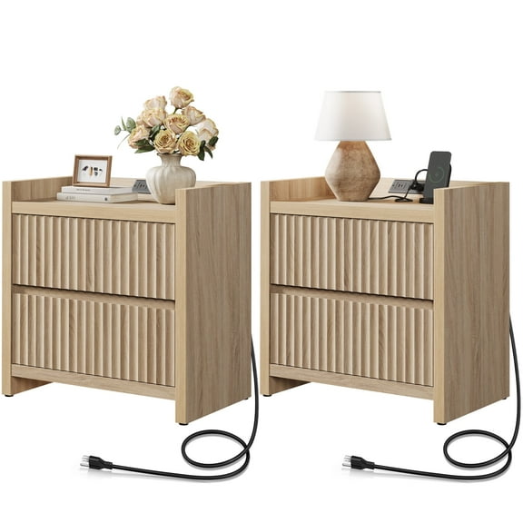SICOTAS 25.4" Wide Farmhouse Nightstand Set of 2 with 2 Drawer, Modern Beside Table with Minimalist Fluted Design & Handle-Less Storage Bed Side Table with Charging Station for Bedroom, Light Oak
