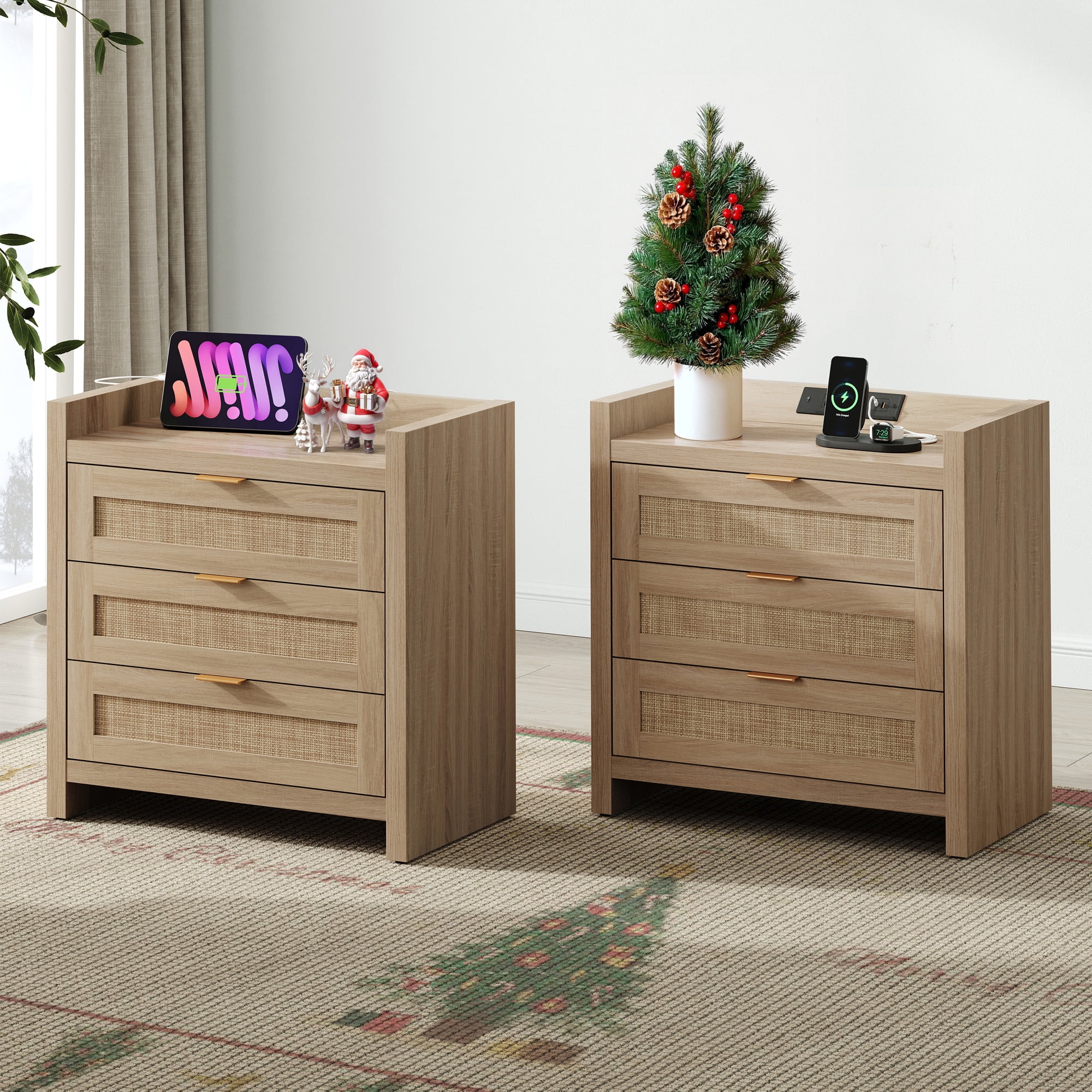 SICOTAS 26.57"H Tall Boho Night Stands Set 2 with Charging Station, Rattan Farmhouse Nightstands with 3 Drawers and Type-c Ports End Table Bed Side Table for Bedroom Enrtyway Livingroom,Light Oak