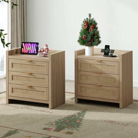 SICOTAS 26.57"H Tall Boho Night Stands Set 2 with Charging Station, Rattan Farmhouse Nightstands with 3 Drawers and Type-c Ports End Table Bed Side Table for Bedroom Enrtyway Livingroom,Light Oak
