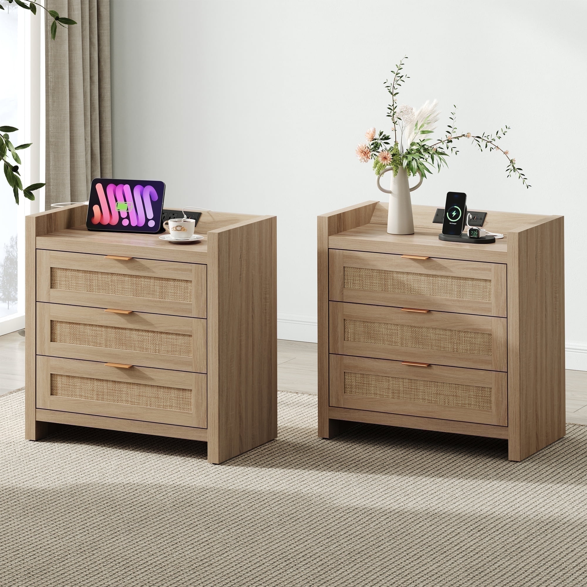 SICOTAS 26.57"H Tall Boho Night Stands Set 2 with Charging Station, Rattan Farmhouse Nightstands with 3 Drawers and Type-c Ports End Table Bed Side Table for Bedroom Enrtyway Livingroom,Light Oak - Walmart.com
