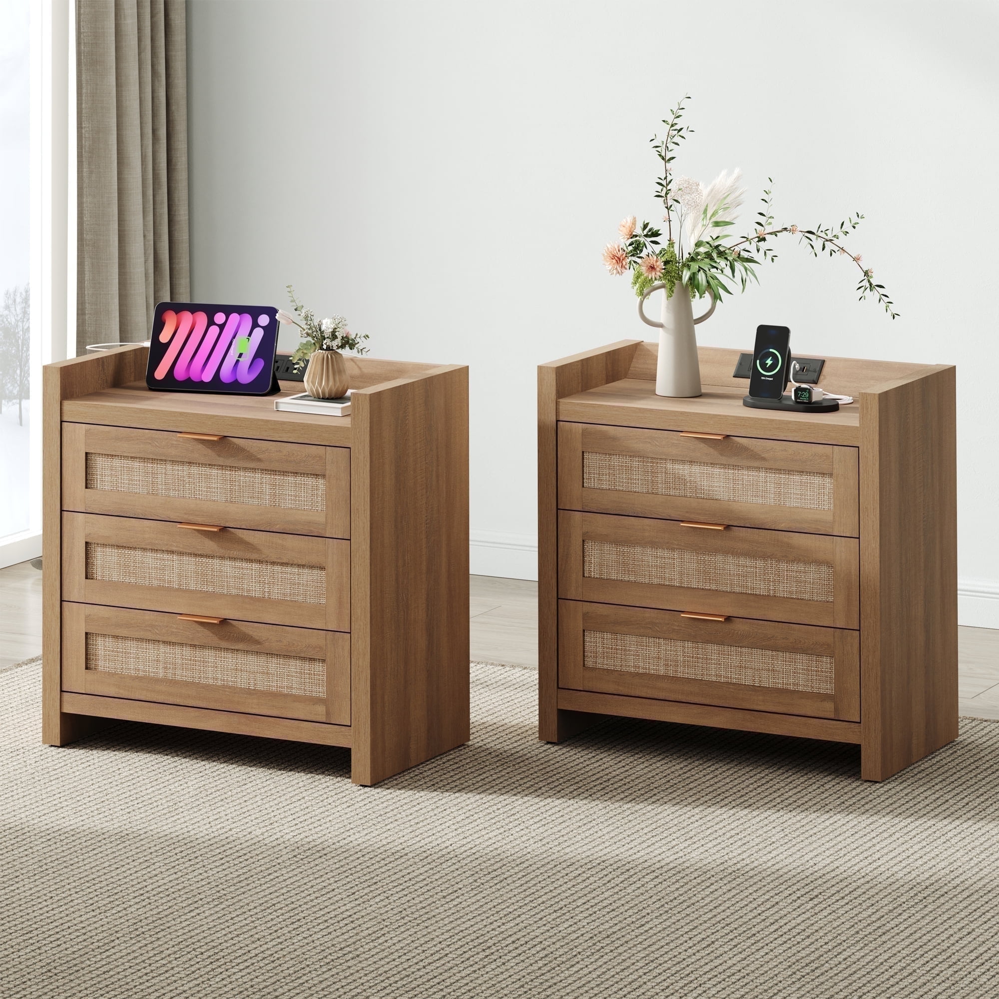 SICOTAS 26.57"H Tall Boho Nightstands Set of 2 with 3 Drawers, Rattan Nightstands with Charging Station and Type-c Ports Rattan End Table Beside Table for Bedroom Enrtyway Living Room, Natural Oak