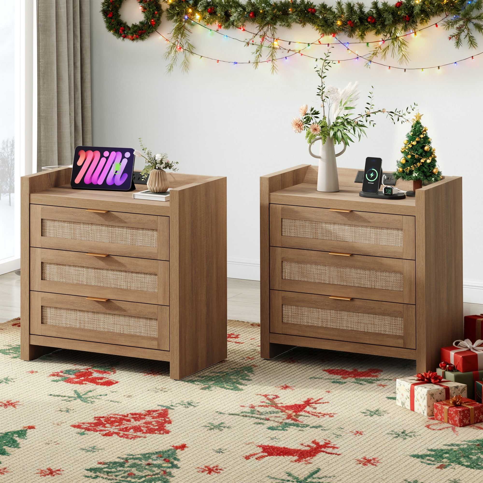 SICOTAS 26.57"H Tall Boho Nightstands Set of 2 with 3 Drawers, Rattan Nightstands with Charging Station and Type-c Ports Rattan End Table Beside Table for Bedroom Enrtyway Living Room, Natural Oak
