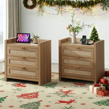 SICOTAS 26.57"H Tall Boho Nightstands Set of 2 with 3 Drawers, Rattan Nightstands with Charging Station and Type-c Ports Rattan End Table Beside Table for Bedroom Enrtyway Living Room, Natural Oak