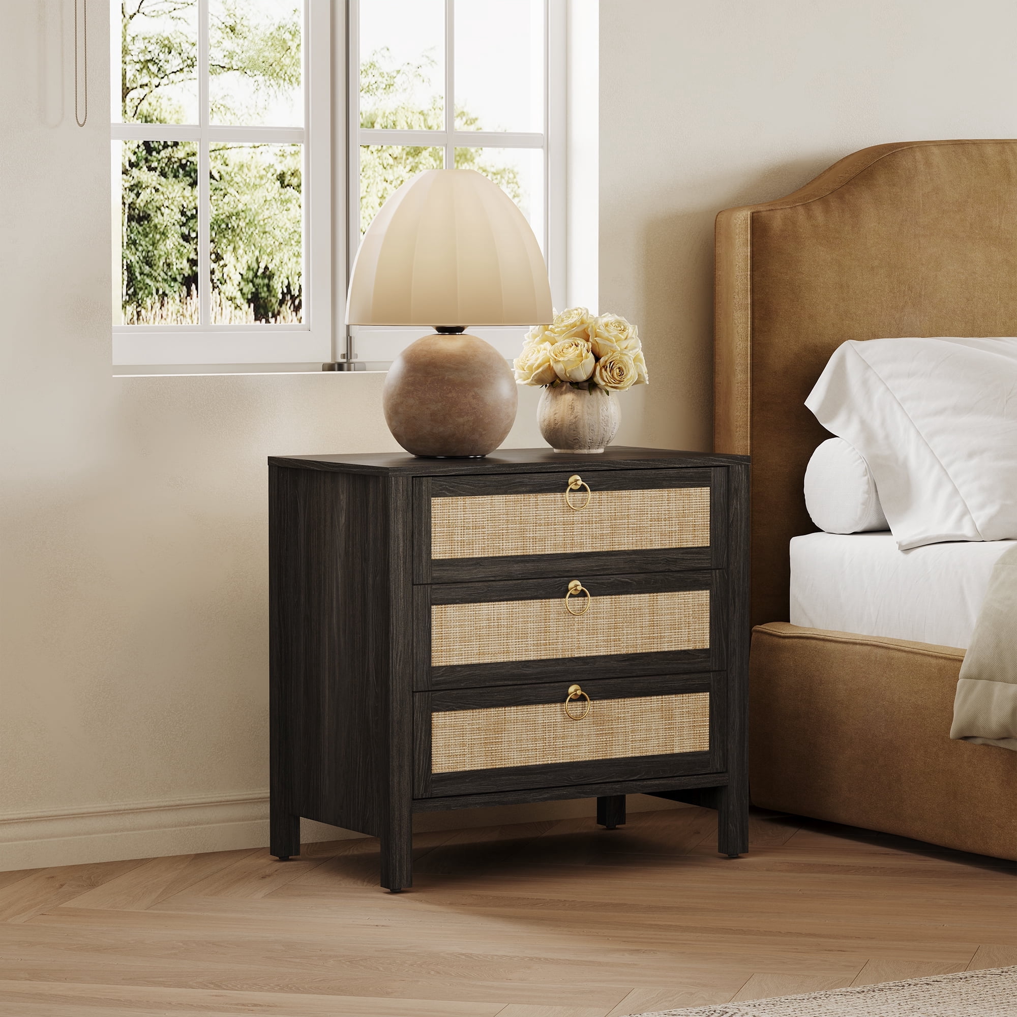 SICOTAS, Black Nightstand, 26.78"W with 3 Drawers, Gold Handles ...