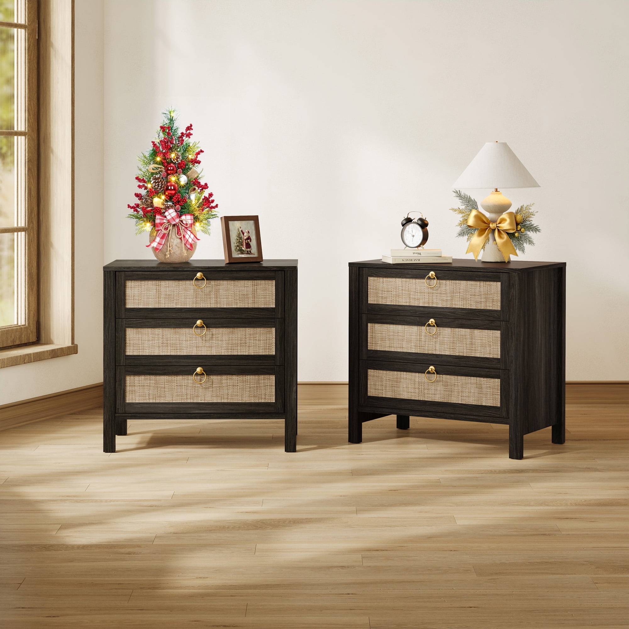 SICOTAS 26.78"W Black Nightstand 3 Drawer Dresser Set of 2, Boho Night Stands Large Nightstand with 3 Drawers, Rattan Beside Table 25.67" Tall End Table for Bedroom Enterway Living Room