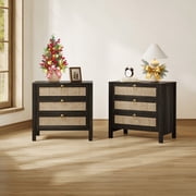 SICOTAS 26.78"W Black Nightstand 3 Drawer Dresser Set of 2, Boho Night Stands Large Nightstand with 3 Drawers, Rattan Be