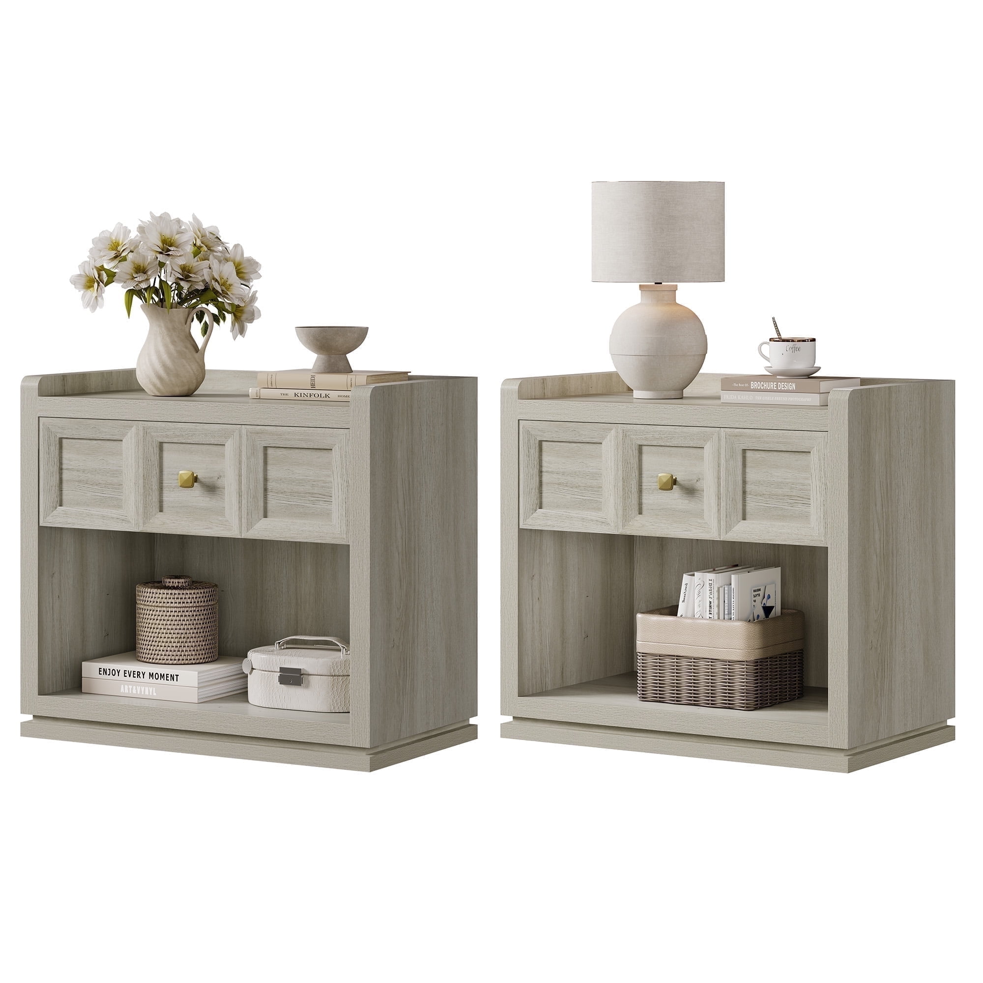 SICOTAS 26" W Farmhouse Nightstands Set of 2, Big nightstands with Drawer & Open Shelves, Large Bedside Table, End table for Bedroom, Living Room, White Oak