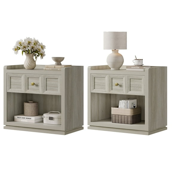 SICOTAS 26" W Farmhouse Nightstands Set of 2, Big nightstands with Drawer & Open Shelves, Large Bedside Table, End table for Bedroom, Living Room, White Oak