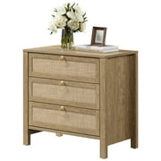 SICOTAS 26.78"W Boho Night Stands for Narrow Spaces, 25.67" Tall Rattan Nightstands with 3 Drawers and Gold Handle, Larg