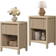 SICOTAS 26 Tall Farmhouse Nightstand Set of 2 with Drawer, Modern Beside Table with Minimalist Fluted Design & Handle-Less Storage Engineered Wood Bed Side Table for Bedroom, Light Oak