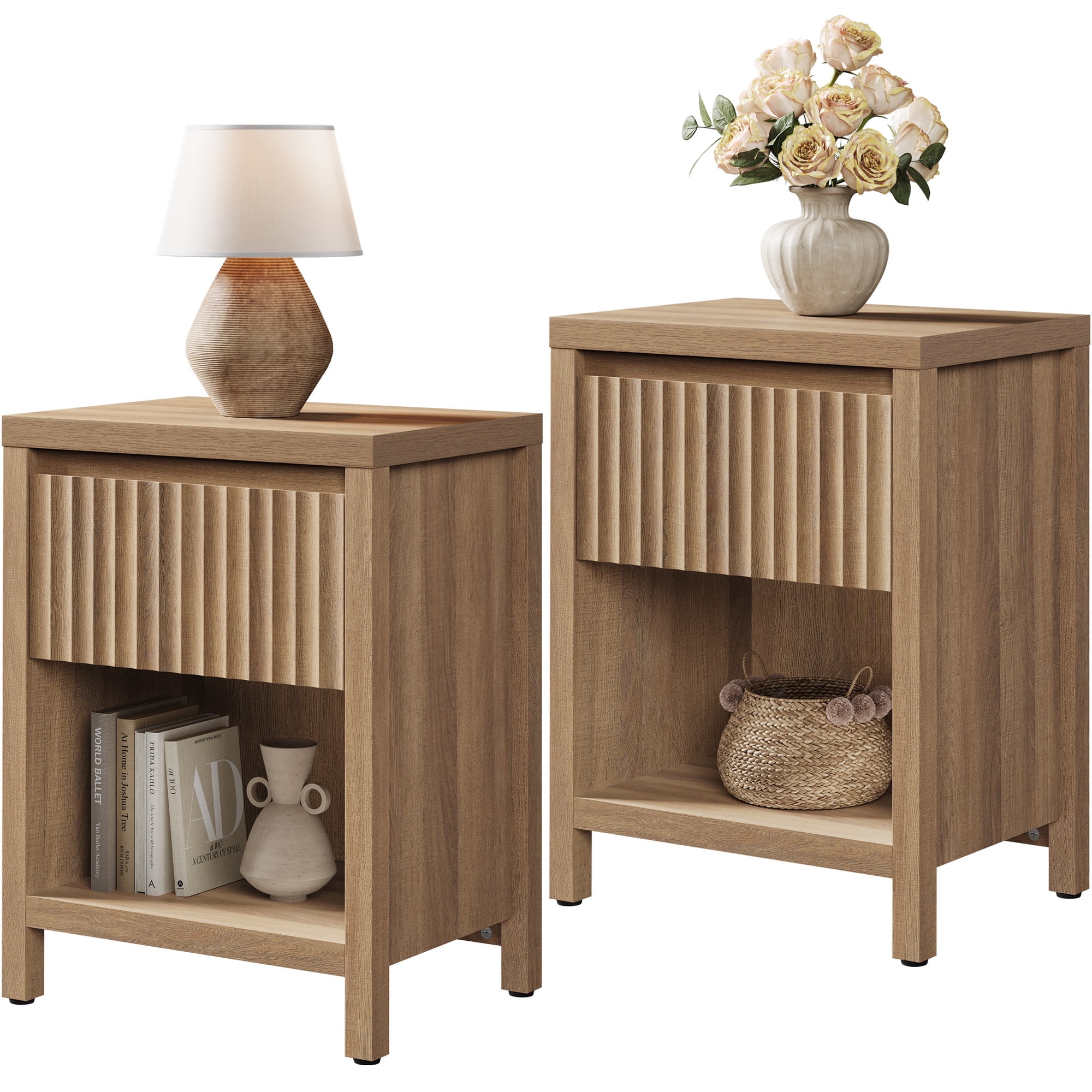 SICOTAS 26" Tall Farmhouse Nightstand Set of 2 with Drawer, Modern Beside Table with Minimalist Fluted Design & Handle-Less Storage Engineered Wood Bed Side Table for Bedroom, Natural Oak - Walmart.com