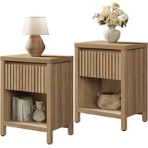SICOTAS 26" Tall Farmhouse Nightstand Set of 2 with Drawer, Modern Beside Table with Minimalist Fluted Design & Handle-Less Storage Engineered Wood Bed Side Table for Bedroom, Natural Oak