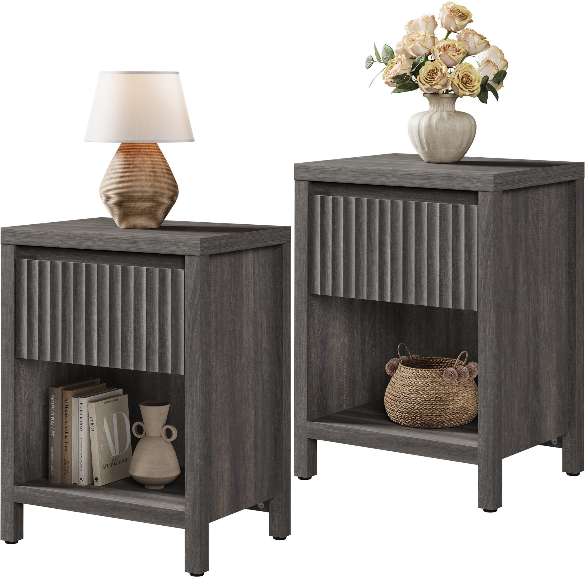 SICOTAS 26" Tall Farmhouse Nightstand Set of 2 with Drawer, Modern Beside Table with Minimalist Fluted Design & Handle-Less Storage Engineered Wood Bed Side Table for Bedroom, Black Oak