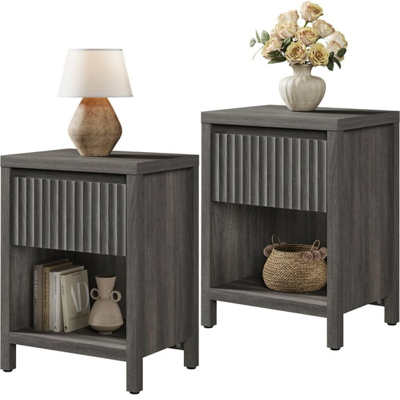 SICOTAS 26" Tall Farmhouse Nightstand Set of 2 with Drawer, Modern Beside Table with Minimalist Fluted Design & Handle-Less Storage Engineered Wood Bed Side Table for Bedroom, Black Oak