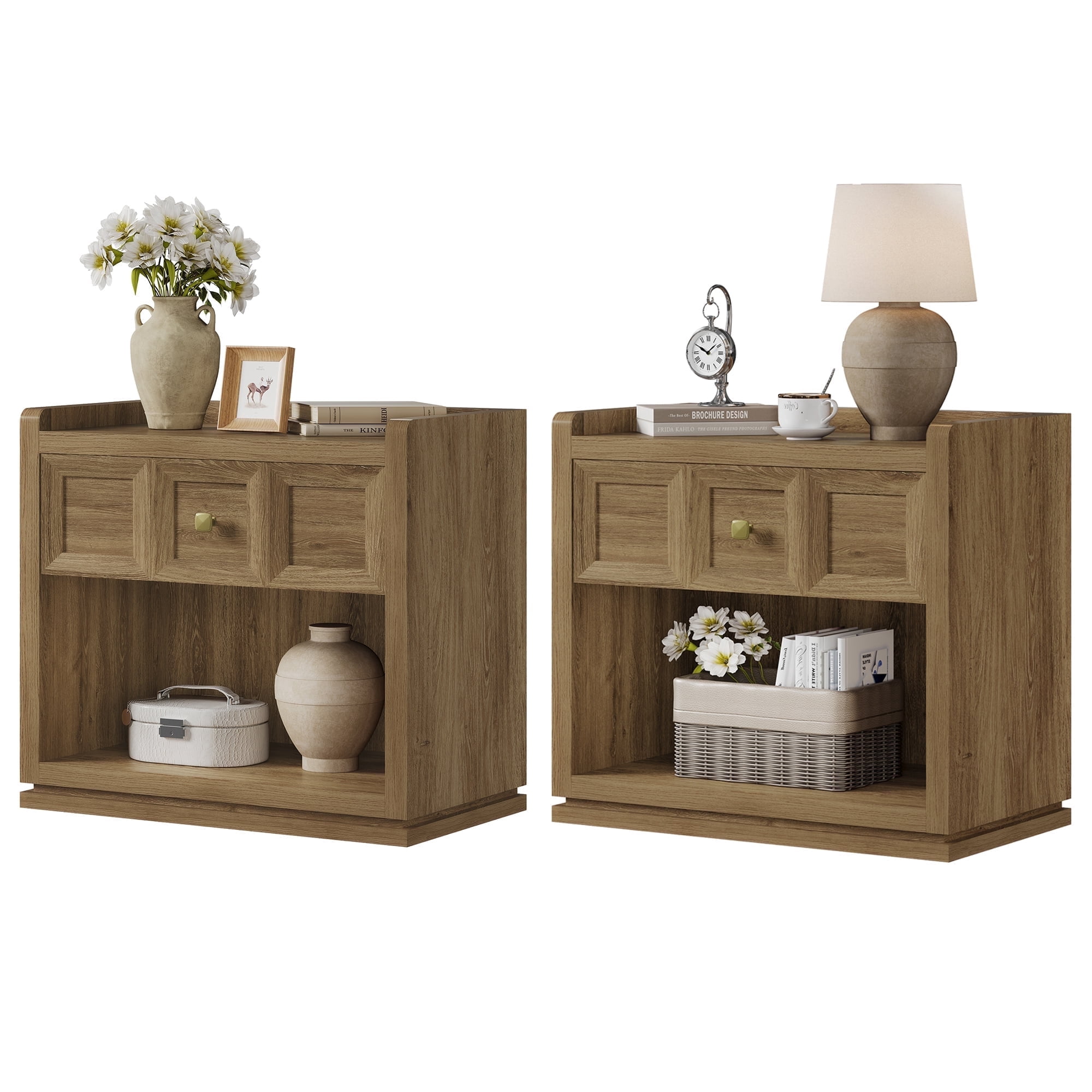 SICOTAS 26" W Farmhouse Nightstands Set of 2, Big nightstands with Drawer & Open Shelves, Large Bedside Table, End table for Bedroom, Living Room, Brown