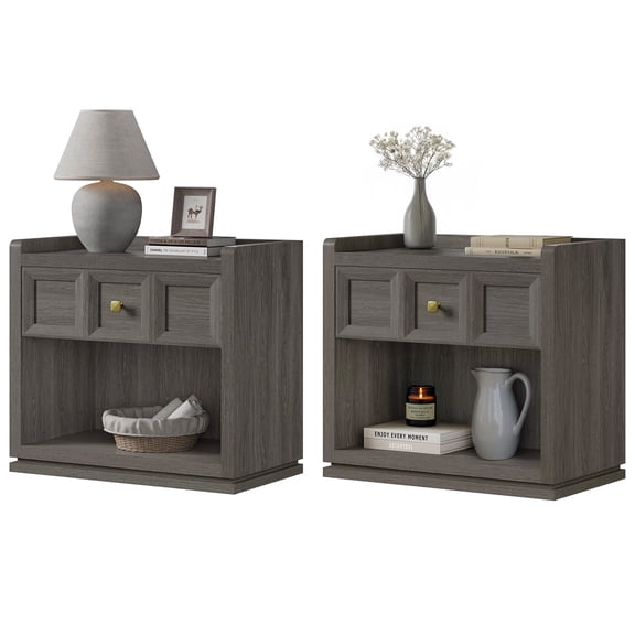 SICOTAS 26" W Farmhouse Nightstands Set of 2, Big nightstands with Drawer & Open Shelves, Large Bedside Table, End table for Bedroom, Living Room, Dark Grey