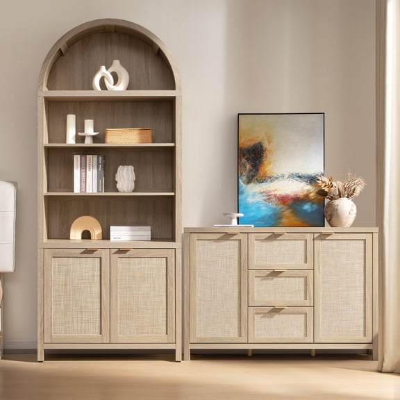 SICOTAS 2Pcs Rattan Kitchen Pantry Storage Cabinet-84.2"H Tall Arched Pantry Cabinet with Adjustable Shelves, 51.6"W Sideboard with 3 Drawers & 2 Doors for Living Room, Dining Room, Light Oak