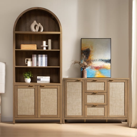 SICOTAS 2Pcs Rattan Kitchen Pantry Storage Cabinet-84.2"H Tall Arched Pantry Cabinet with Adjustable Shelves, 51.6"W Sideboard with 3 Drawers & 2 Doors for Living Room, Dining Room, Natural Oak