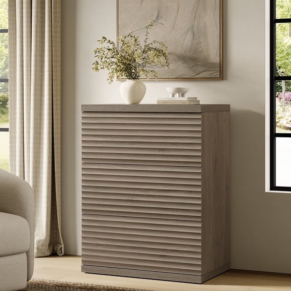 SICOTAS 33.7" Tall 3 Drawer Nightstand Dresser for Bedroom, Modern Fluted Small Chest of Drawers with Slide Rails, Wood Modular Storage Cabinet, End Table for Living Room, Grey Alder