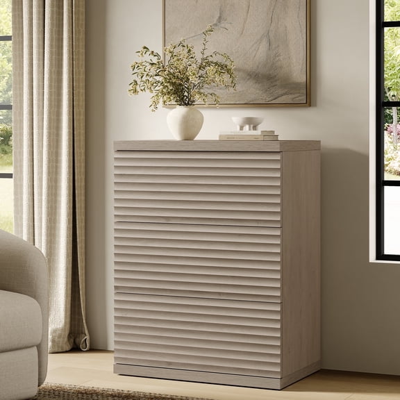 SICOTAS 33.7" Tall 3 Drawer Nightstand Dresser for Bedroom, Modern Fluted Small Chest of Drawers with Slide Rails, Wood Modular Storage Cabinet, End Table for Living Room, Light Grey Alder